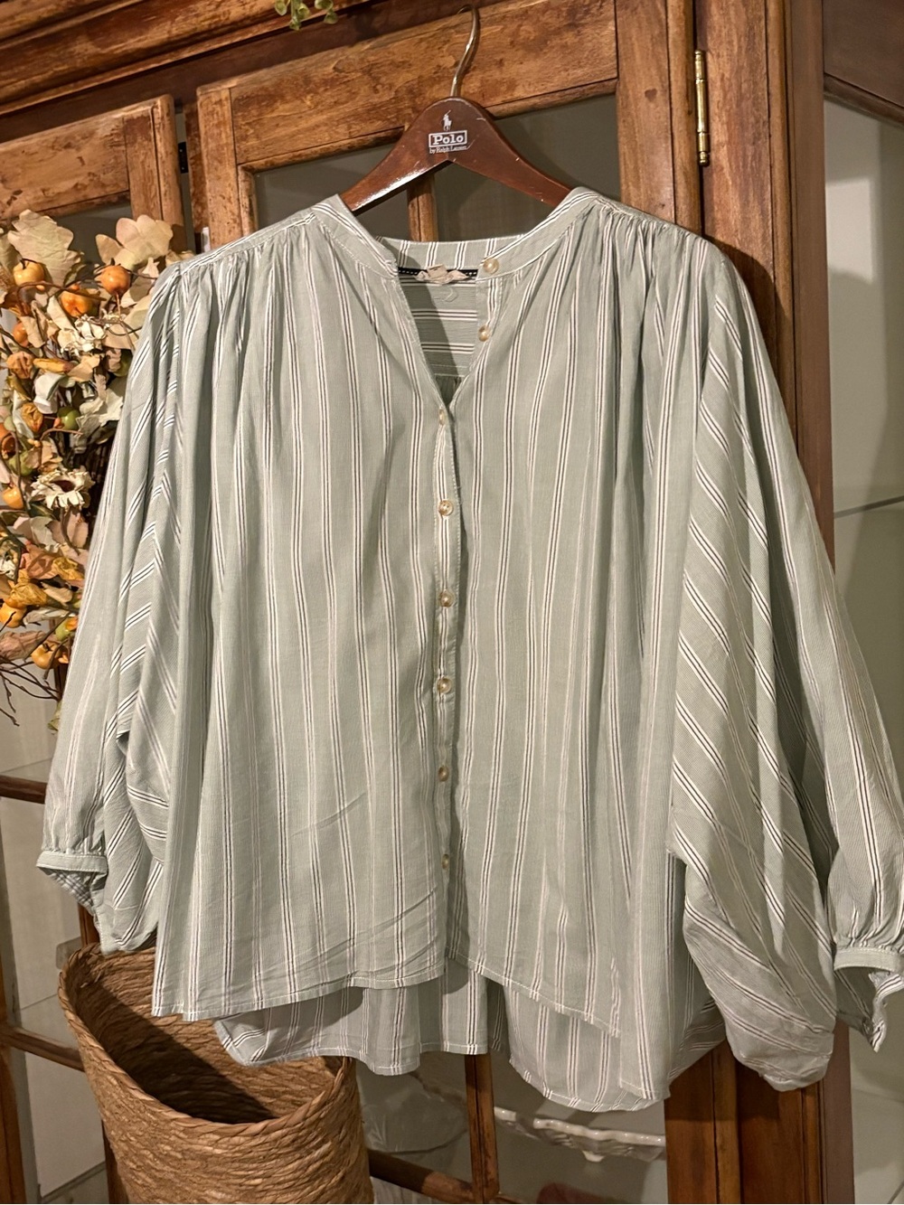 Pilcro Sage Green, White and Blue Striped Button-Front Blouse